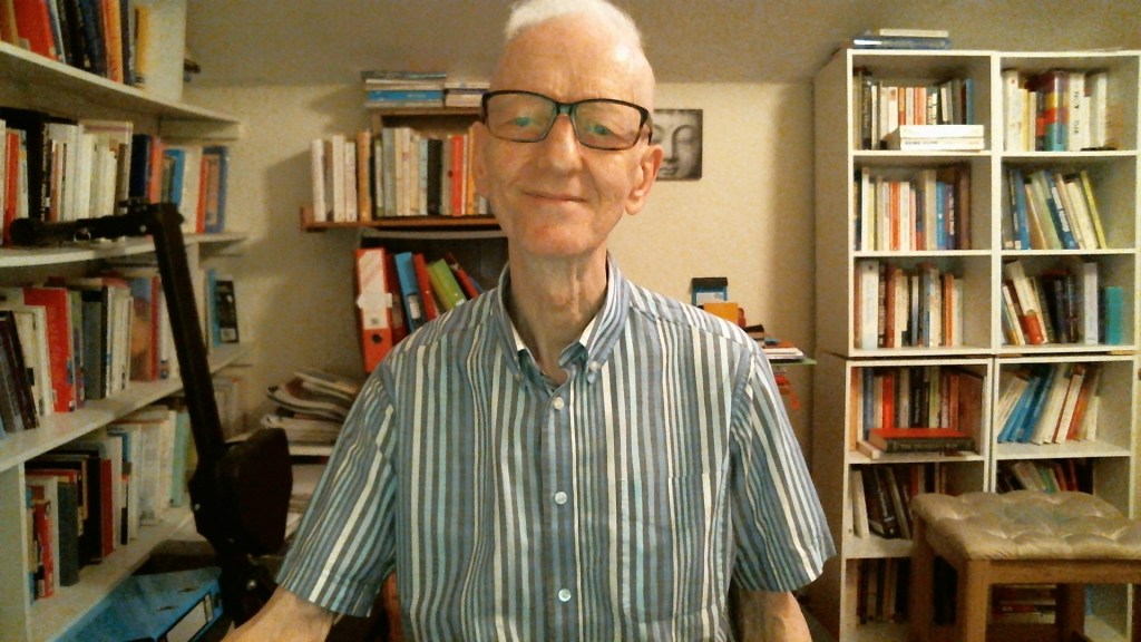 Dr Jim Byrne, Doctor of Counselling, Hebden Bridge and Worldwide; in his home office...