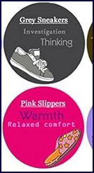 Grey sneakers and pink slippers for seeking information, and taking good care of yourself
